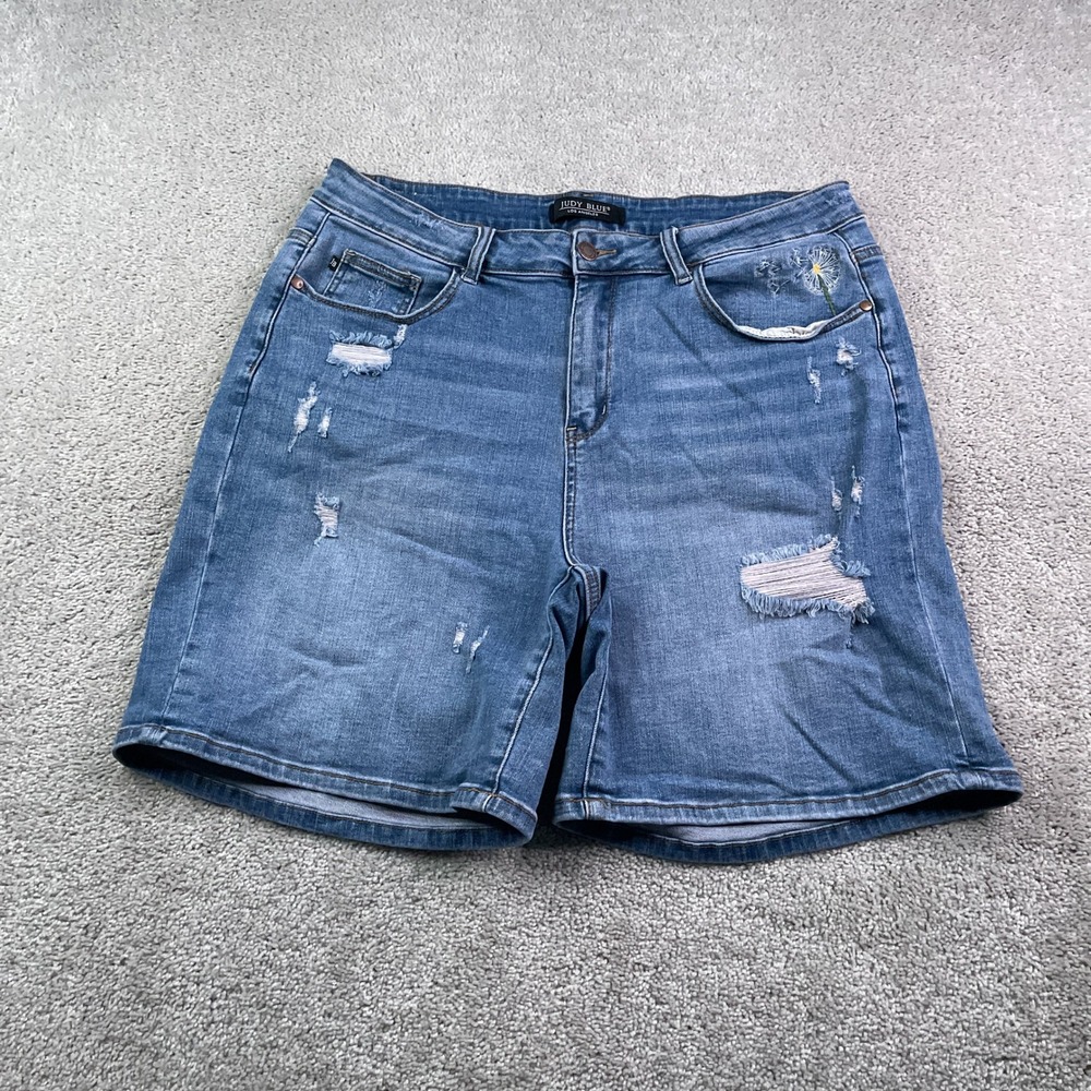 Judy Blue Shorts Womens 2XL Blue Distressed Embroidered Dandelion‎ Stretch Denim